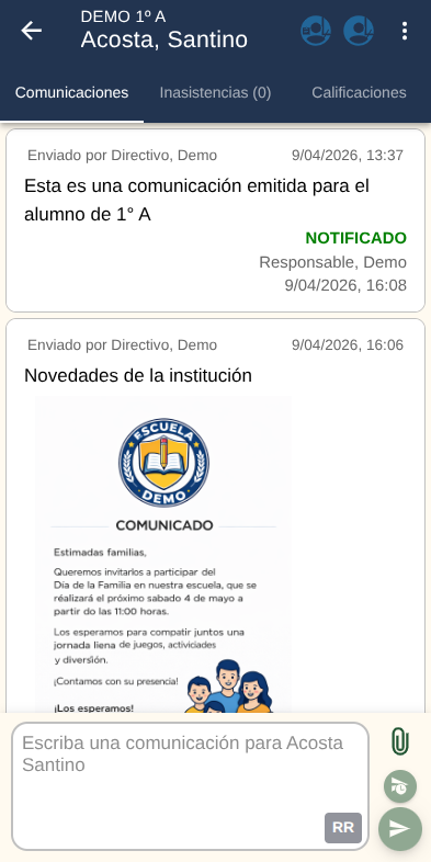 Vista de comunicaciones de un alumno en la app Cuaderno Electrónico